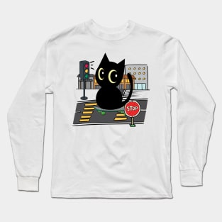 Funny black cat is on a skateboard Long Sleeve T-Shirt